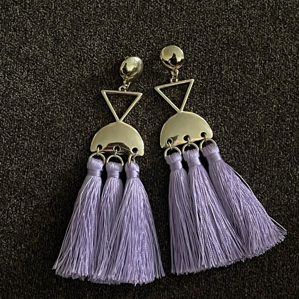Purple fringe gold earrings